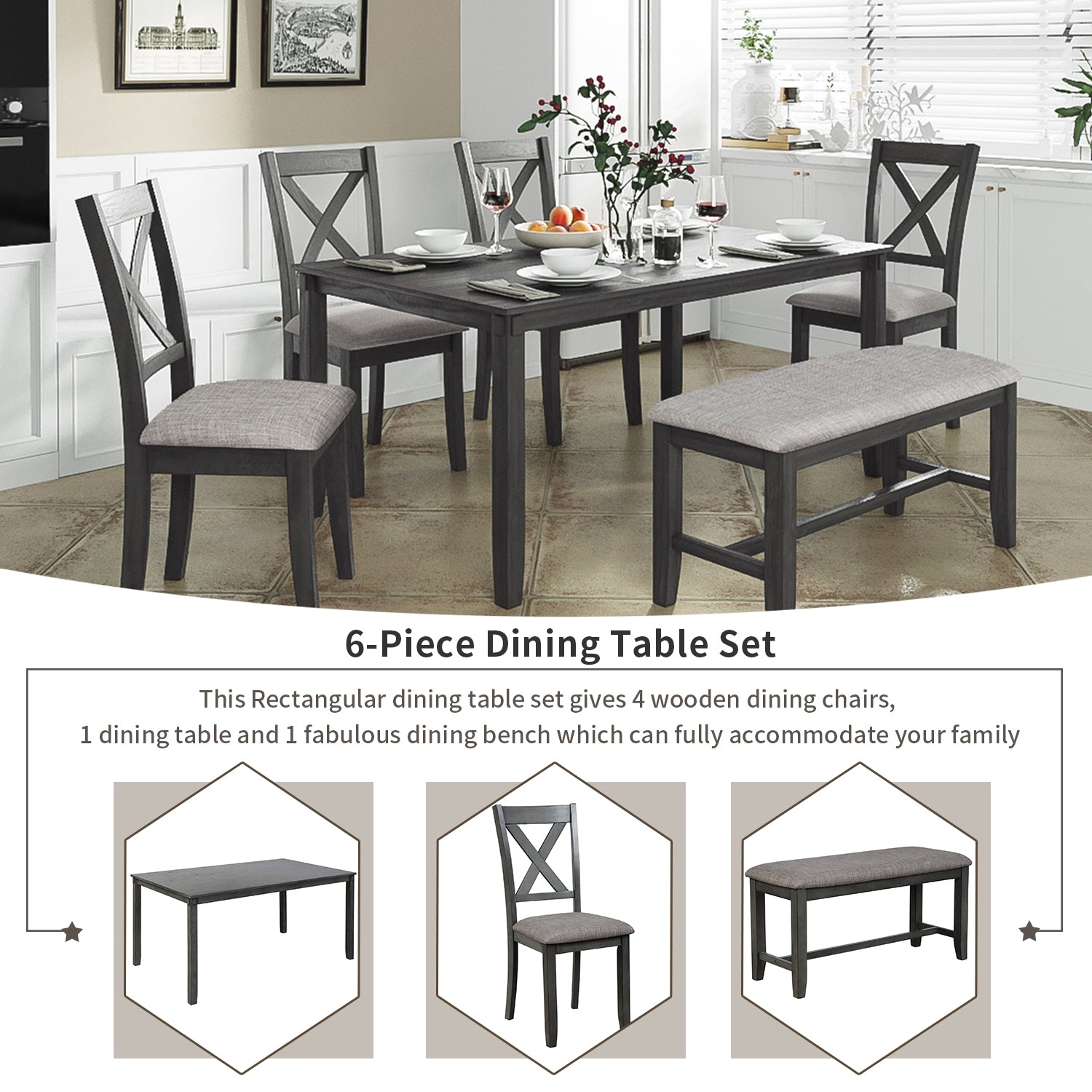 TREXM 6-Piece Set Dining Table, 4 Dining Chairs & Bench Home Furniture (Gray)