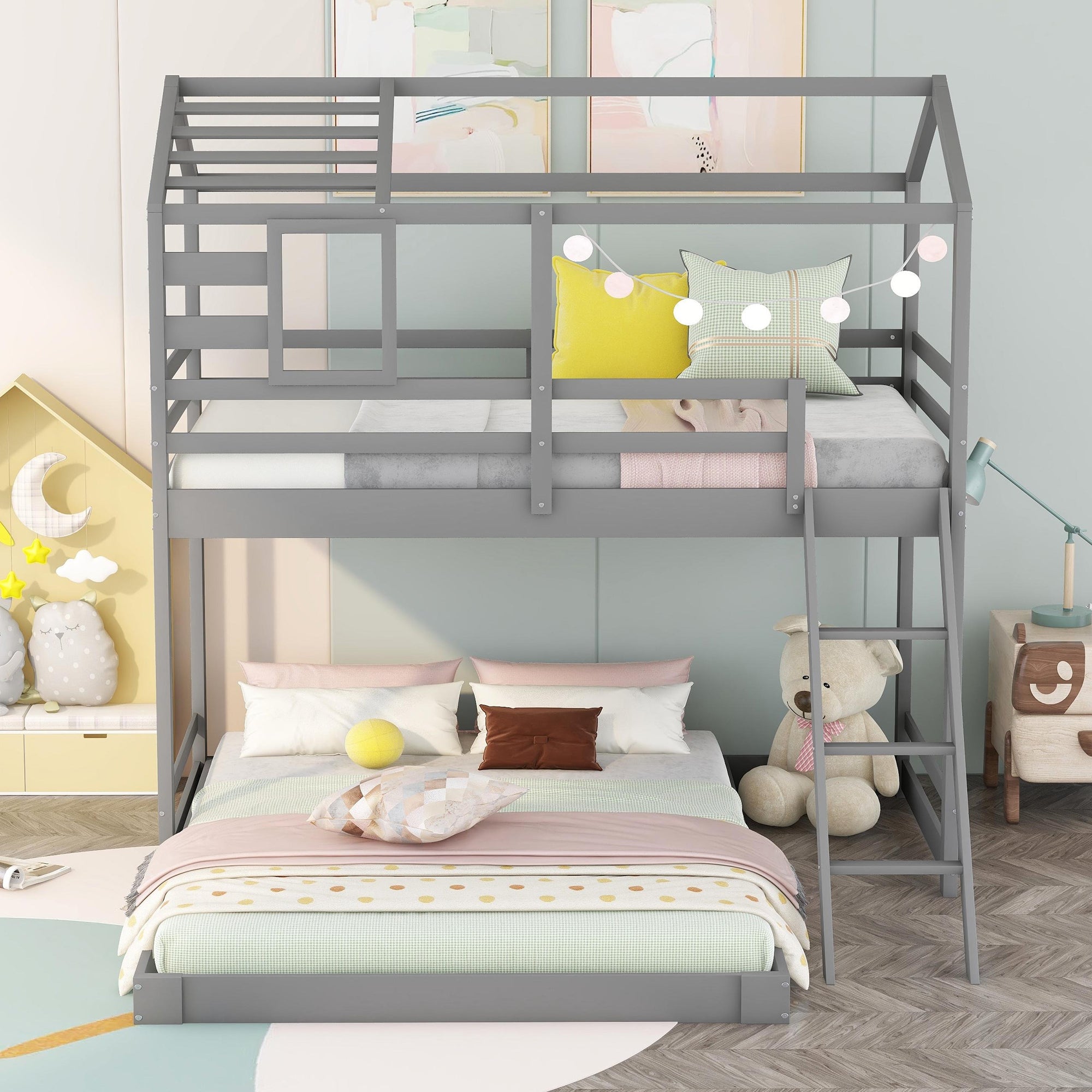 Twin over Full House Bunk Bed with Ladder and Window,Full-Length Guardrail (Gray)