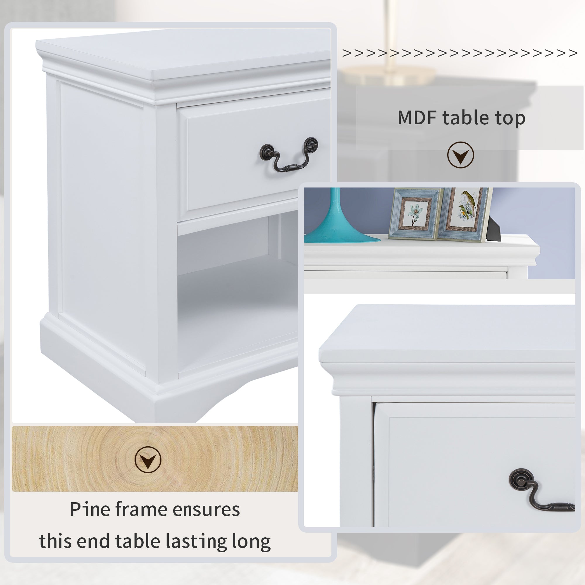 1 Drawer End Table  Solid Wood (White)