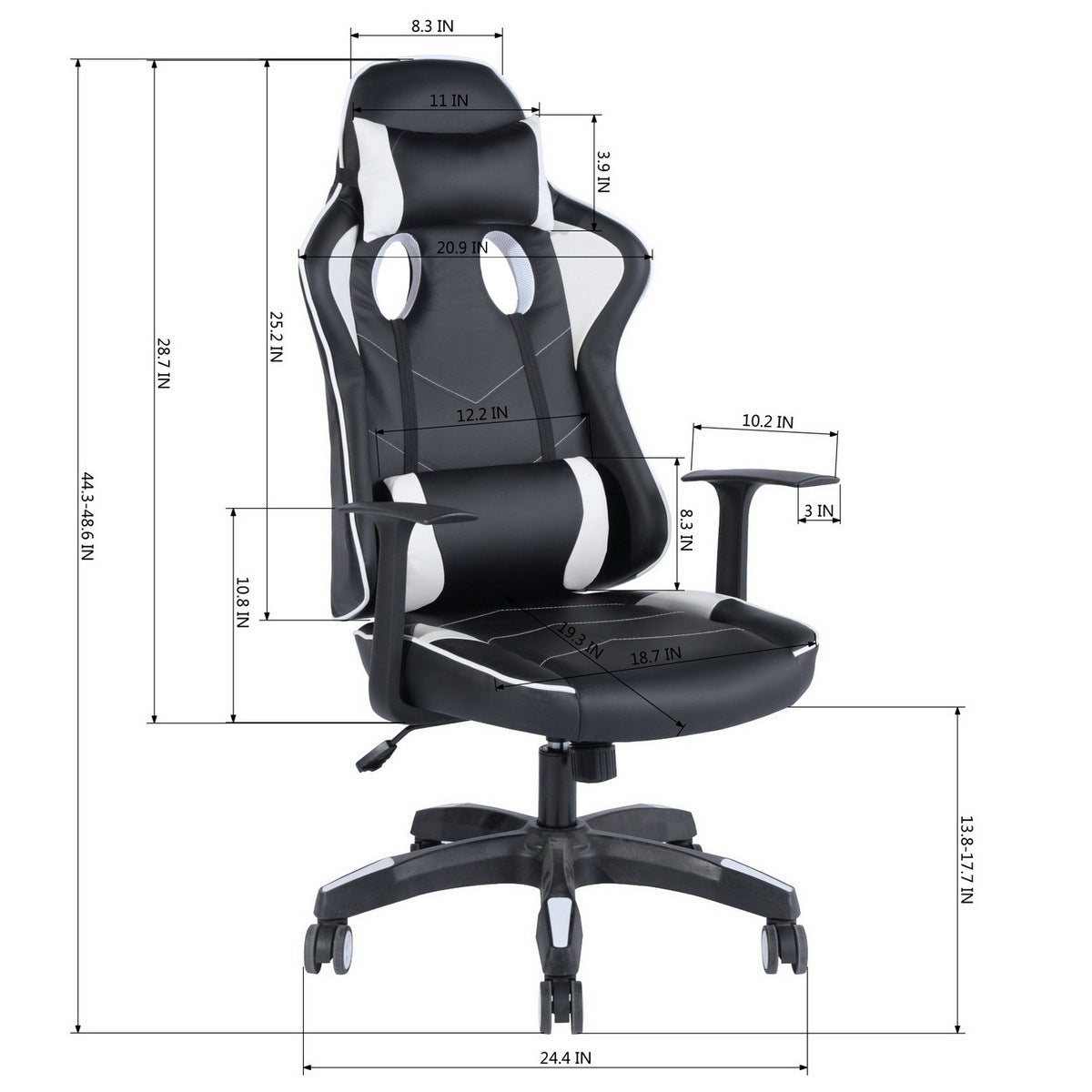 Gaming Office Chair with Upholstered PU Adjustable Swivel (Black/White)