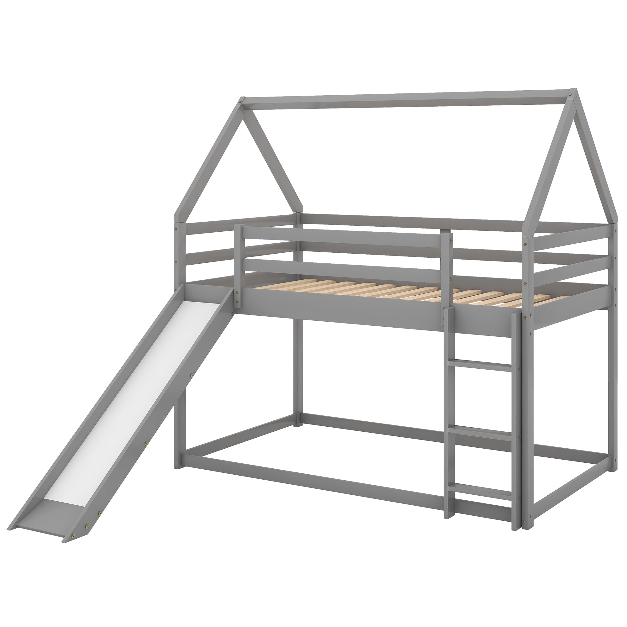 Twin Size Bunk House Bed with Slide and Ladder (Gray)