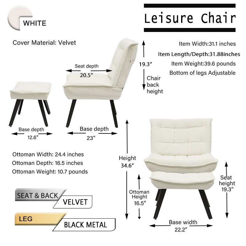 Modern Soft Velvet Large Accent Chair Leisure Chair TV Chair Bedroom And Living Room Chair With Ottoman Black Legs (White)