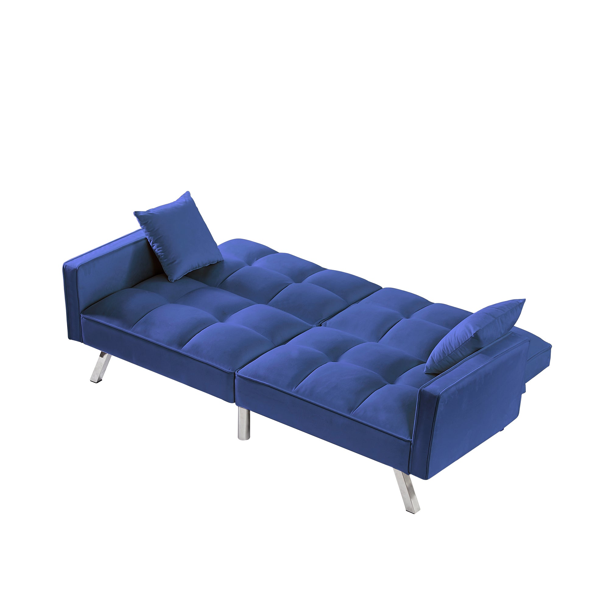 Modern Velvet Sofa Couch Bed with Armrests and 2 Pillows (Blue)