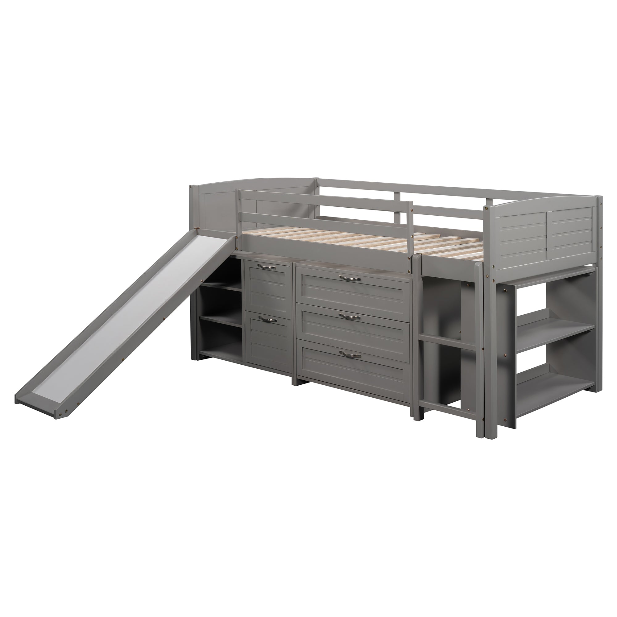 Low Twin Size Loft Bed with Cabinets (Gray)