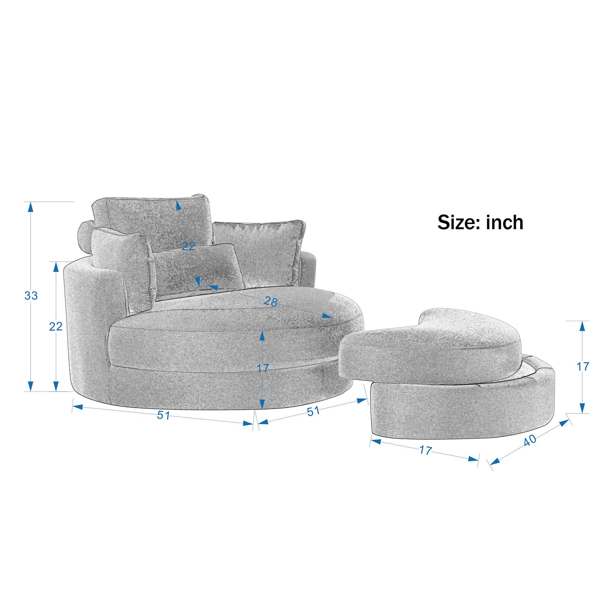 Linen Fabric Swivel Accent Barrel Big Round Lounge Sofa Chair with Storage Ottoman and Pillows (Dark Gray)