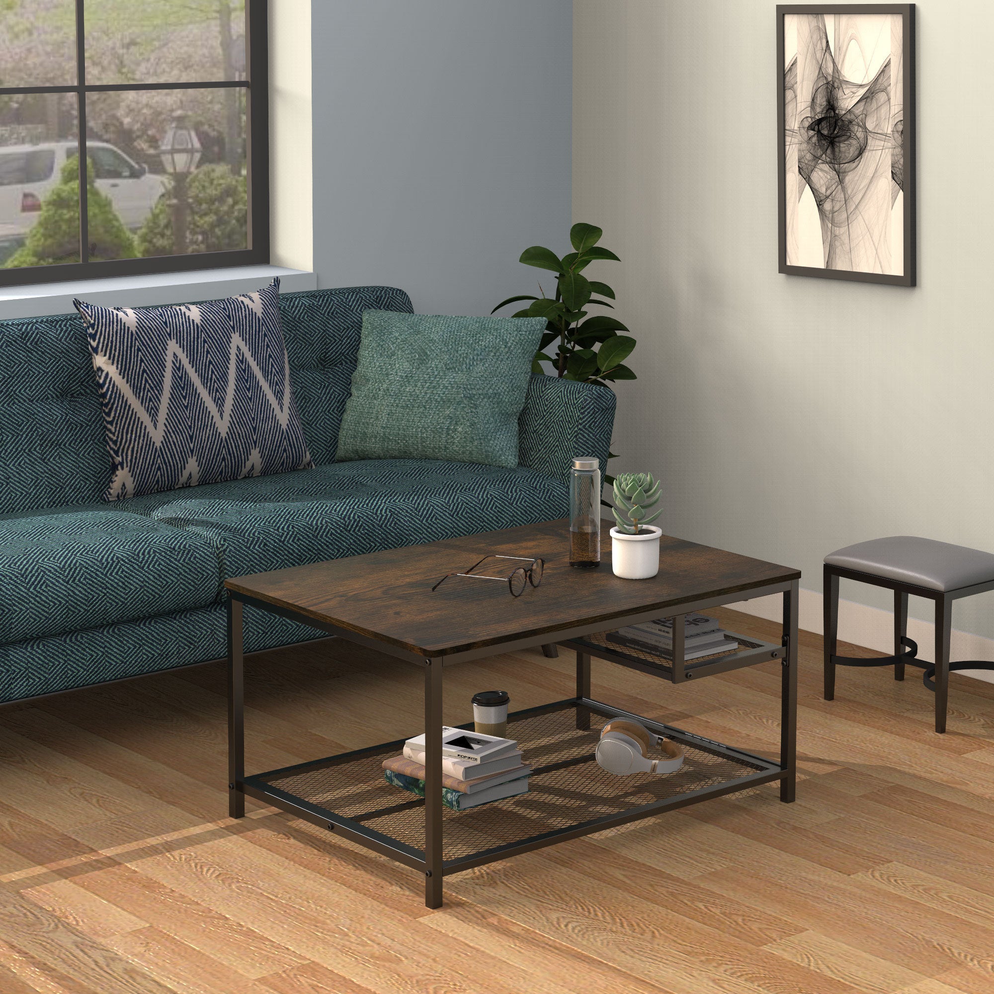 Industrial Coffee Table for Home Office with 2 Layers of Metal Mesh Shelf (Brown)