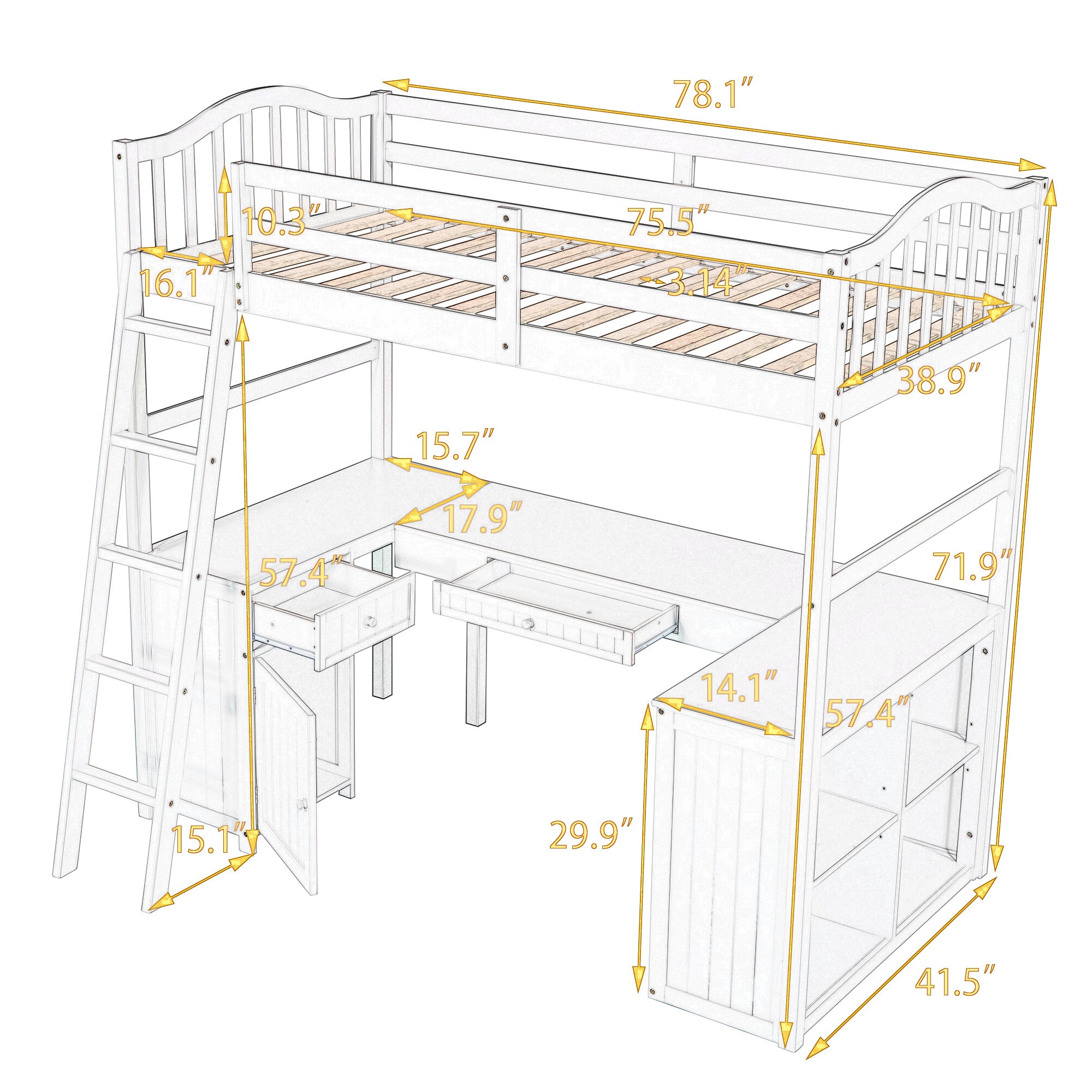 Twin size Loft Bed with Drawers (White)