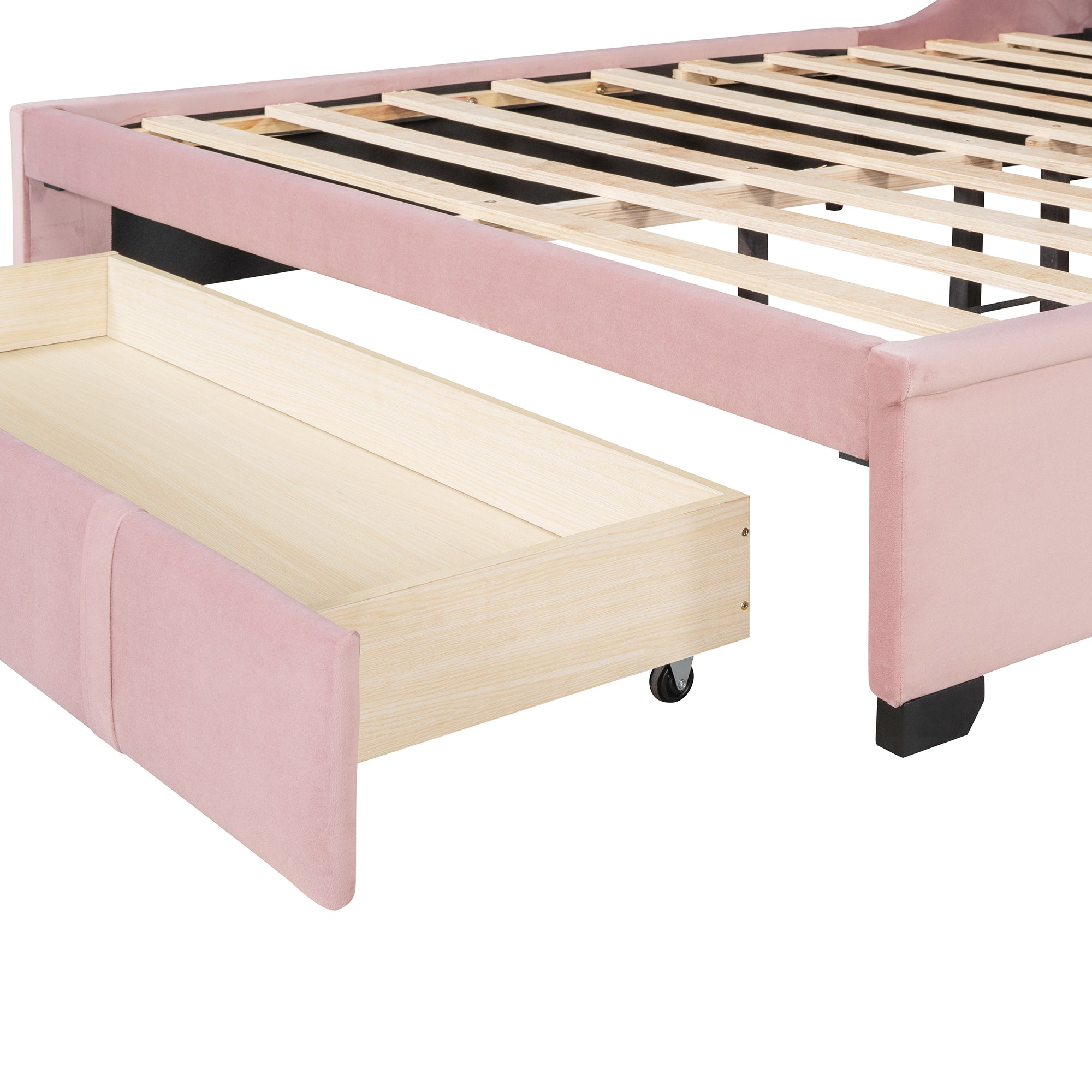 Queen Size Storage Bed Velvet Upholstered Platform Bed with Wingback Headboard and a Big Drawer (Pink)