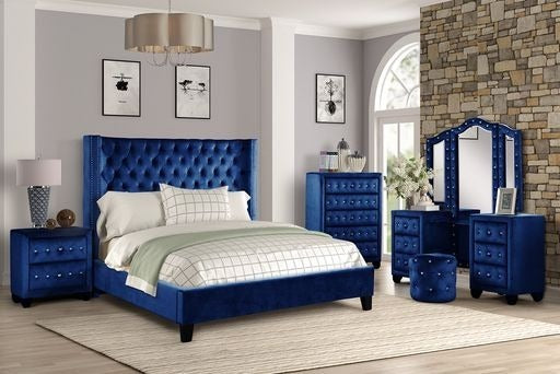 Tufted Upholstered Velvet Queen Bed (Blue)