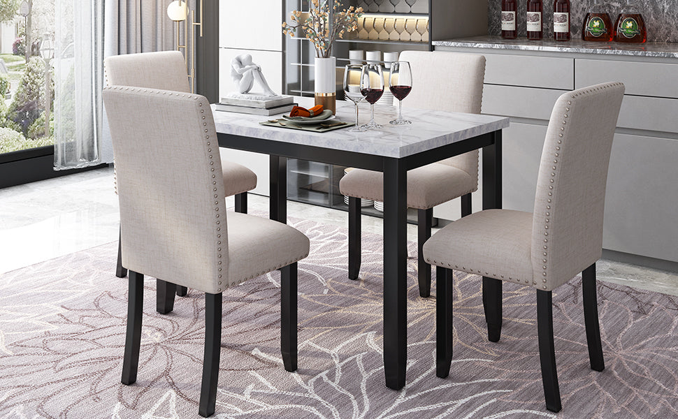 TREXM Faux Marble 5 Piece Dining Table with 4 Upholstered Dining Chairs Home (White/Beige+Black)