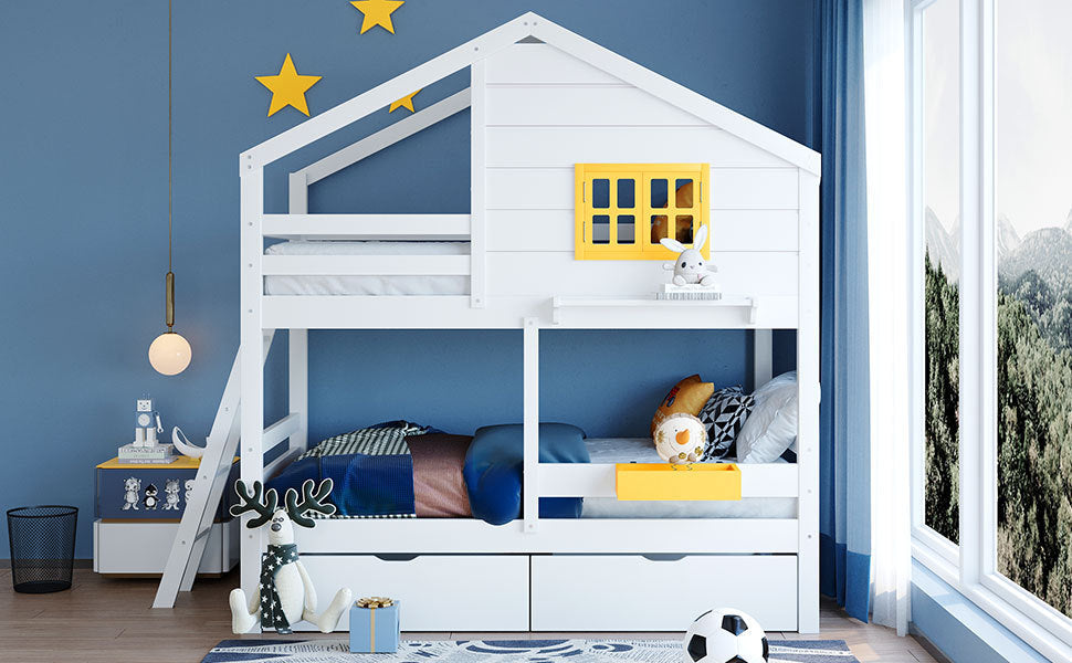 Twin over Twin Bunk Bed with 2 Drawers (White)