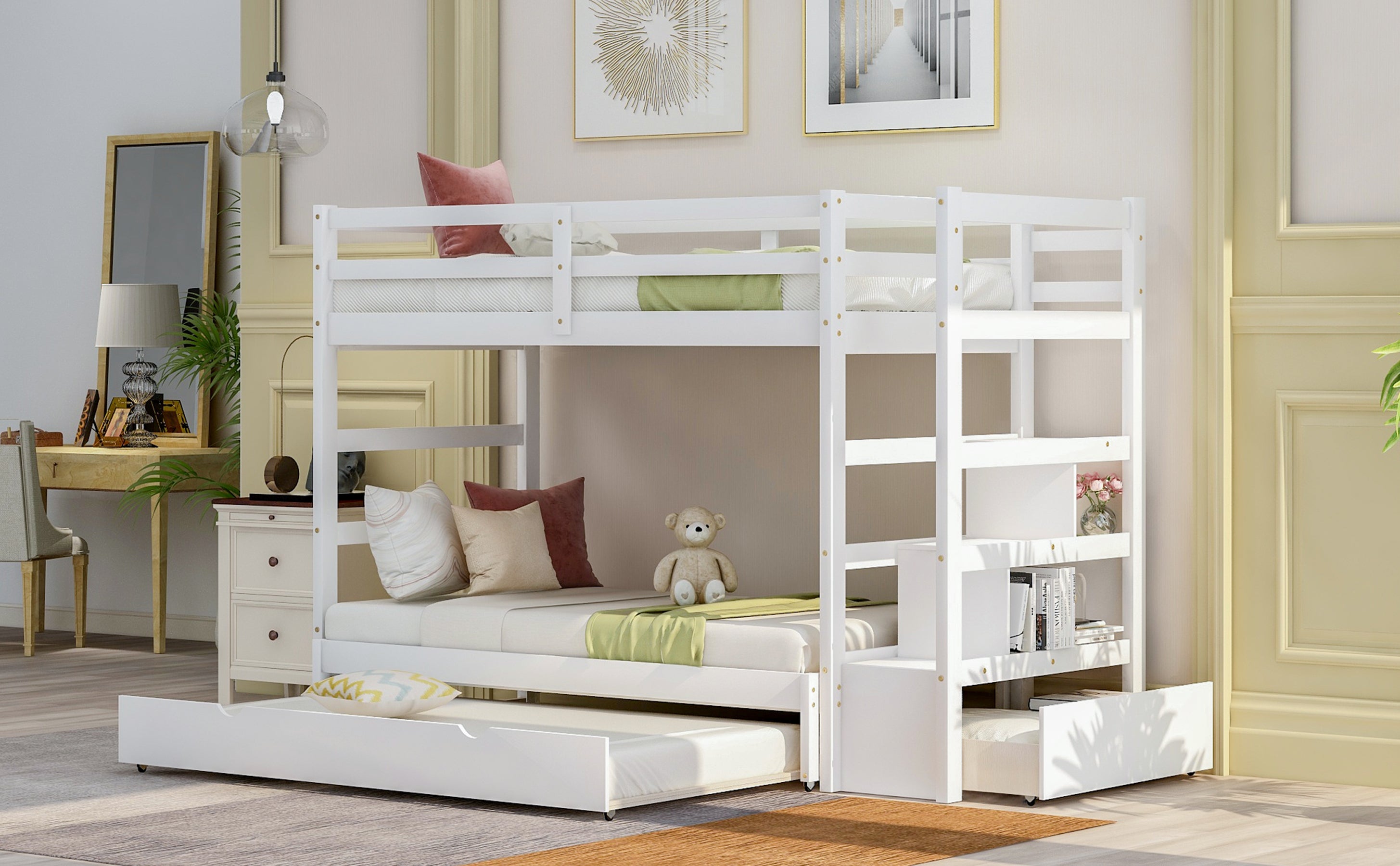 Twin over Twin/King (Irregular King Size) Bunk Bed with Twin Size Trundle (White)