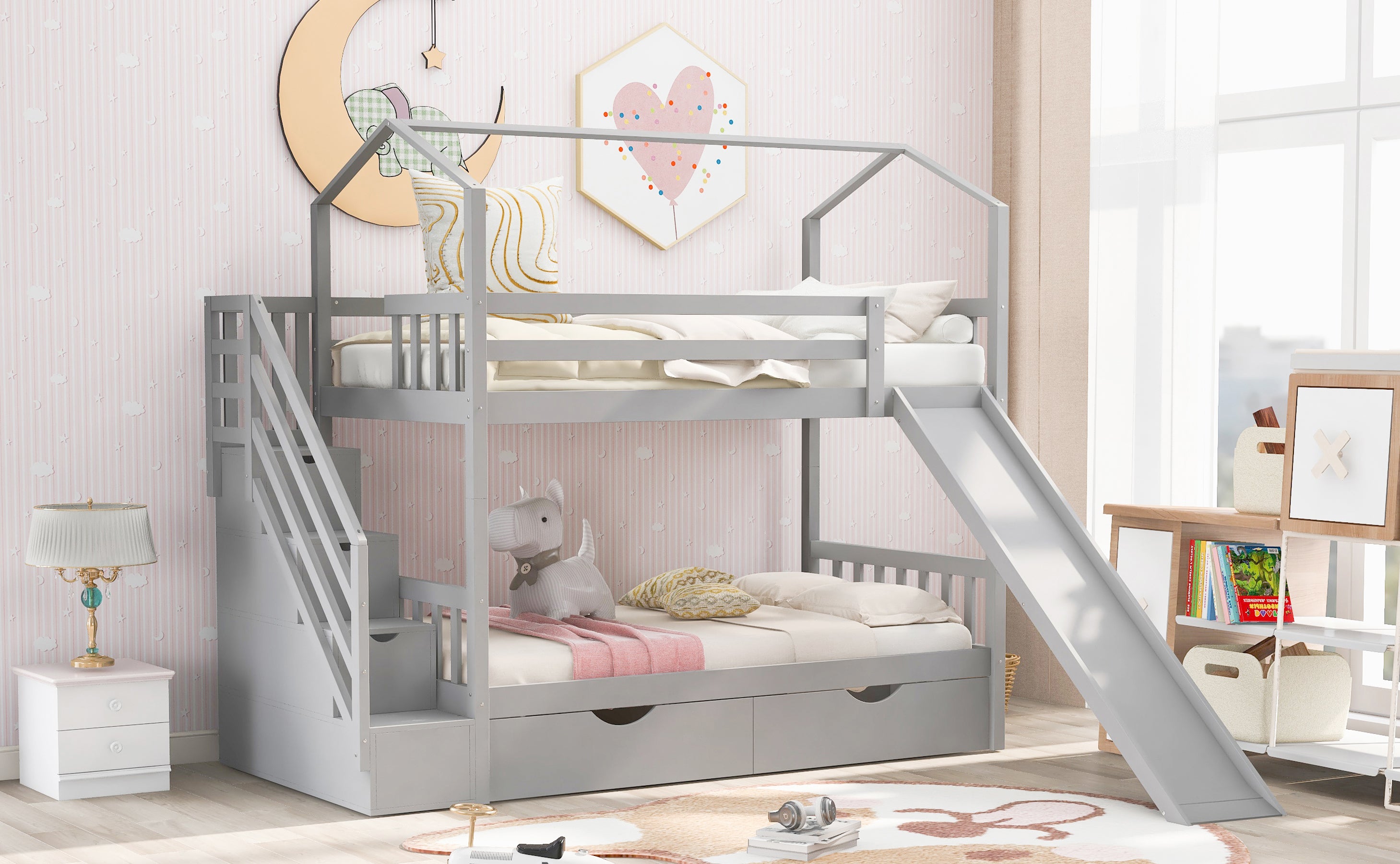 Twin over Twin House Bunk Bed with Two Drawers and Slide (Gray)